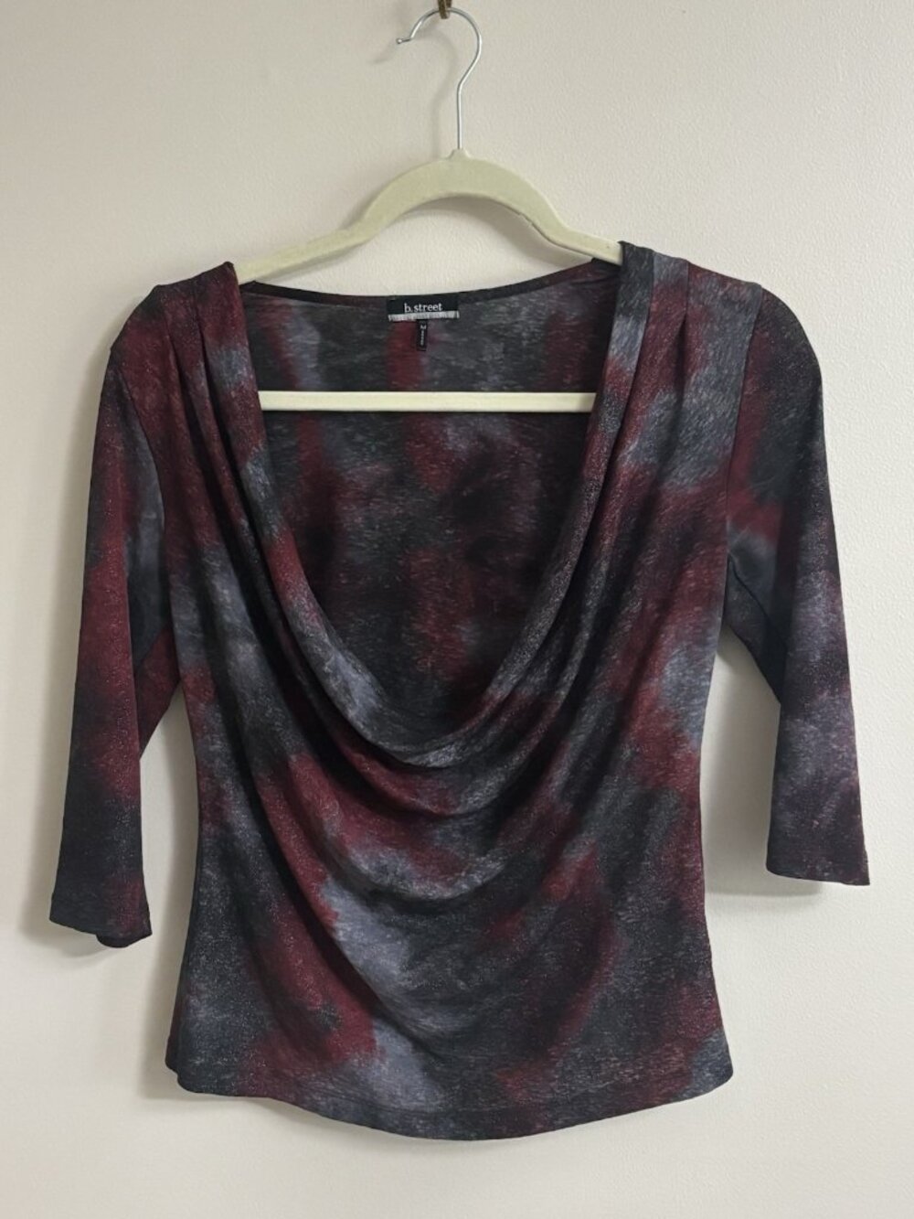 B. Street Burgundy Charcoal tie-dye cowl neck top Shirt 3/4 sleeves Mesh Sheer M - Picture 2 of 12